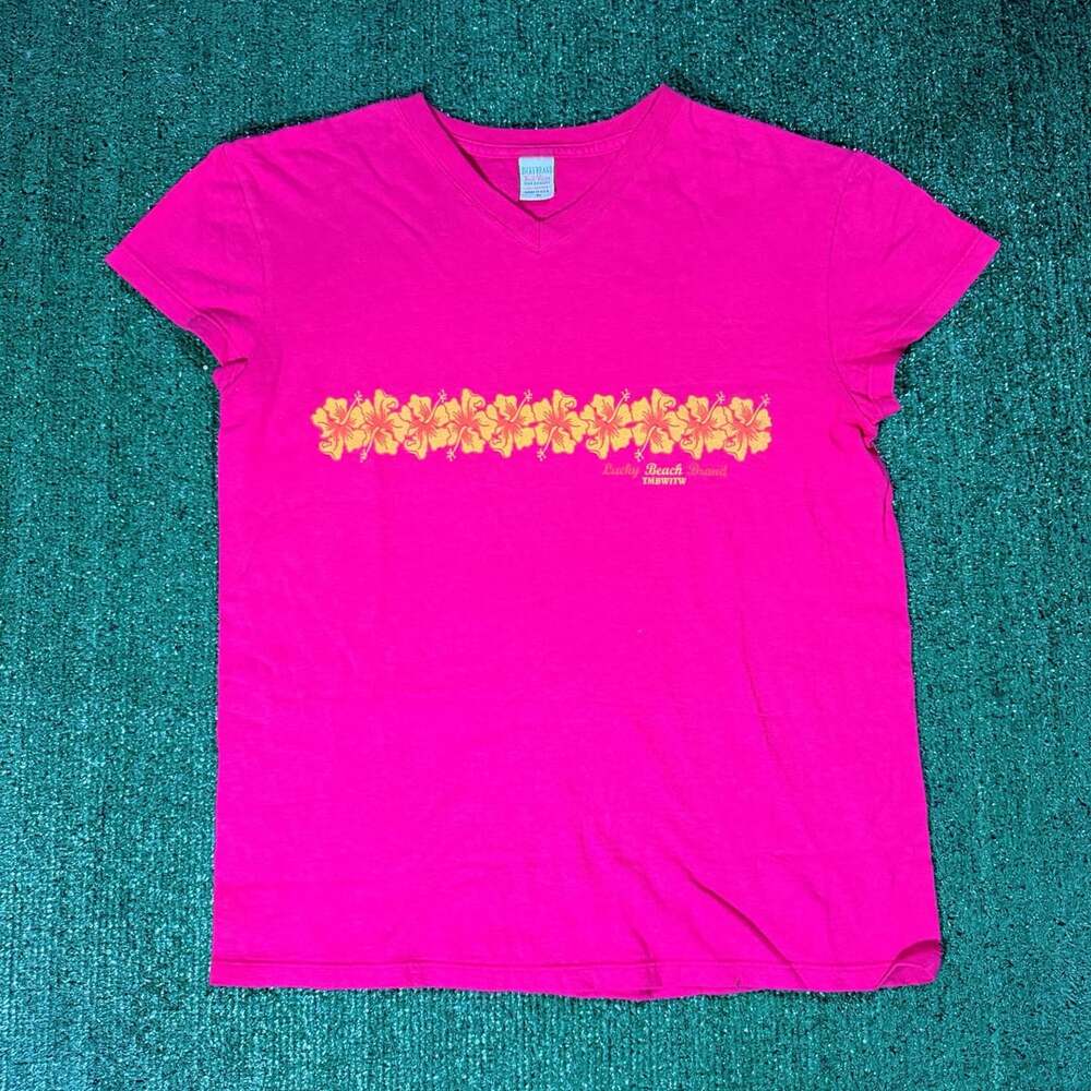 Y2K Womens Lucky Brand Hibiscus Flower V-Neck T-Shirt Size XL Pink